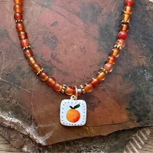 New Adorable Ojai Pixie Tangerine Enamel Charm On Carnelian Beaded Necklace